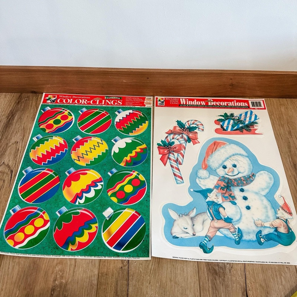 VTG 90's (2) Christmas Window Clings Decals Snowman Elves Deer Ornaments